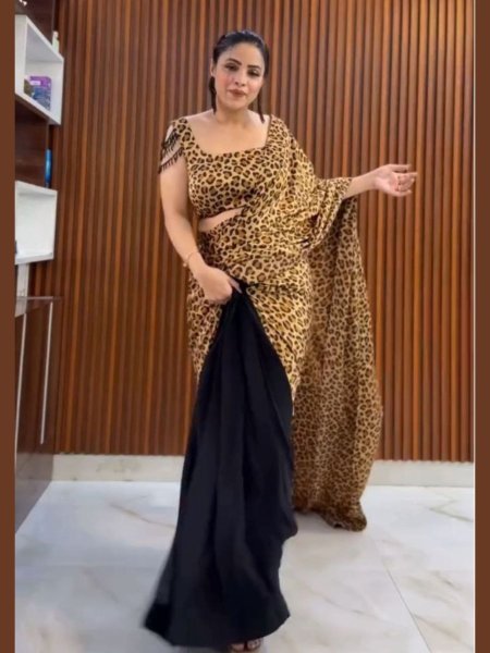 Trendy Leopard Printed Crape Silk Saree with Animal Print   Stylish Blouse Ready to Wear 