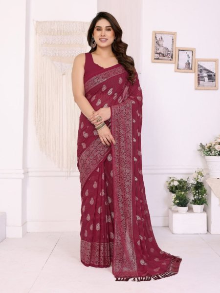 Trendy Red Georgette Saree with Subtle Foil Glow   Fancy Trim
