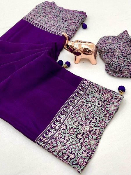 Trendy Satin Saree Ajrak Print Elegant Tassel Pallu Affordable Range