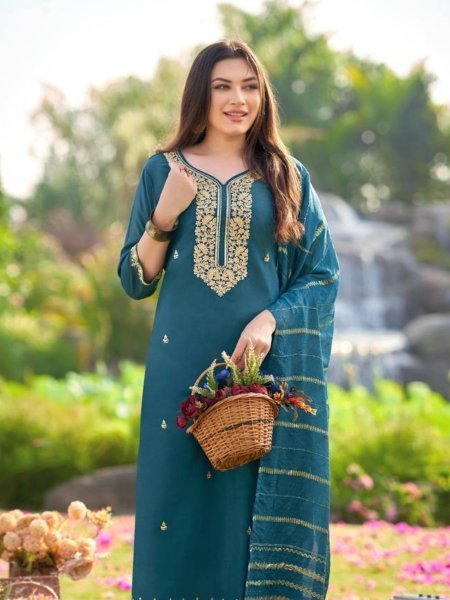 Trendy Teal Blue Embroidered Kurti Pant Suit with Weaving Dupatta Occasion Collection Kurtis