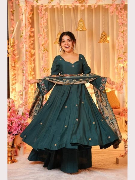 Trendy Teal Kurti Palazzo in Chinnon Silk with Dupatta Anarkali Kurtis 