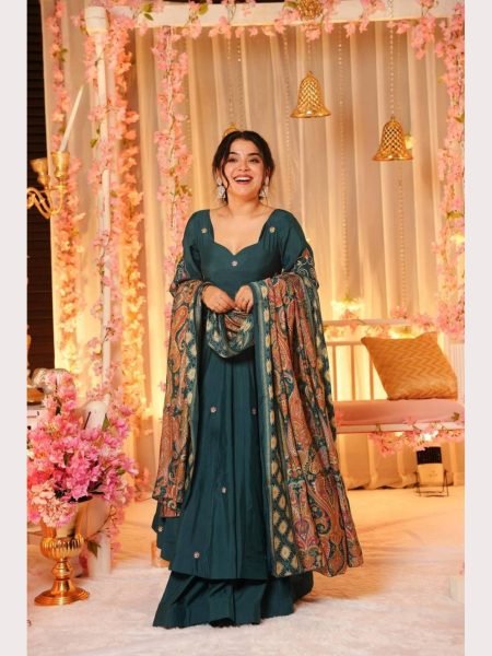 Trendy Teal Kurti Palazzo in Chinnon Silk with Dupatta Anarkali Kurtis 