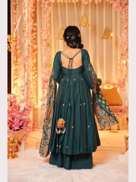 Trendy Teal Kurti Palazzo in Chinnon Silk with Dupatta Anarkali Kurtis 