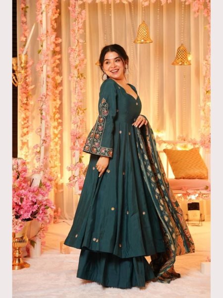 Trendy Teal Kurti Palazzo in Chinnon Silk with Dupatta Anarkali Kurtis 