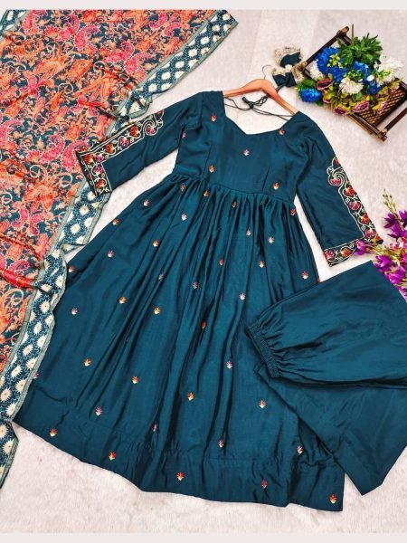 Trendy Teal Kurti Palazzo in Chinnon Silk with Dupatta Anarkali Kurtis 