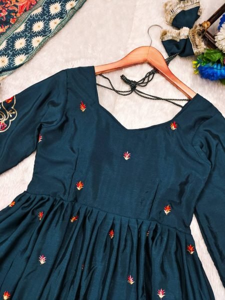 Trendy Teal Kurti Palazzo in Chinnon Silk with Dupatta Anarkali Kurtis 