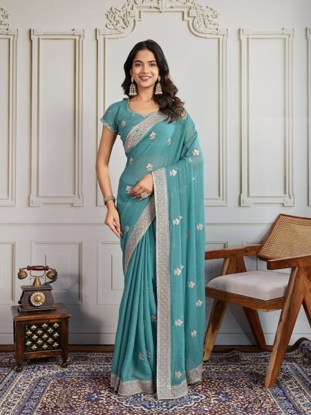 Turquoise Blue Embroidered Star Georgette Saree with Elegant Piping Border Festive Favorite  Sarees 