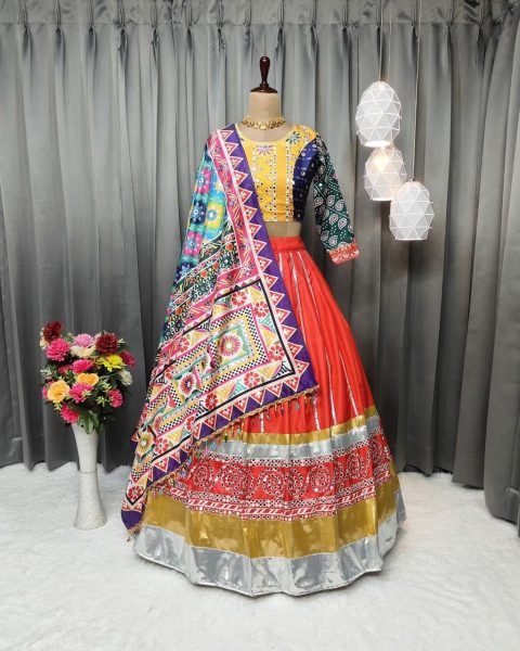 Tussar Silk Gujarati Garba Navratri Lehenga Chaniya Choli Navratri Lehnega Choli