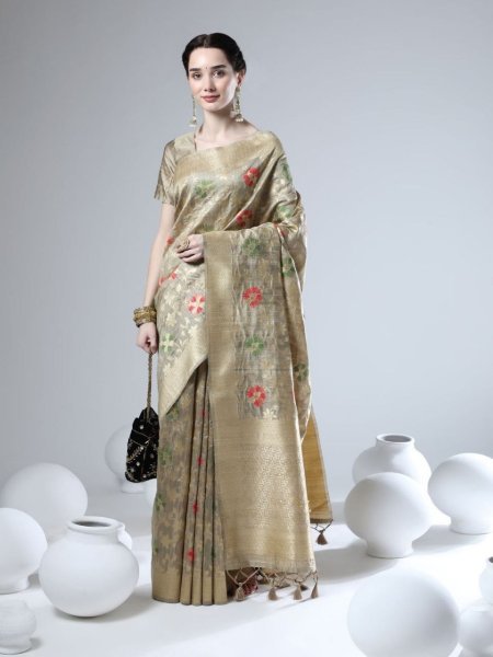 Tussar Silk Jamdani Weaving Saree With Zari Border Silk Sarees Wholesale