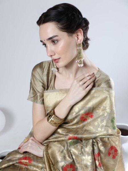 Tussar Silk Jamdani Weaving Saree With Zari Border Silk Sarees Wholesale