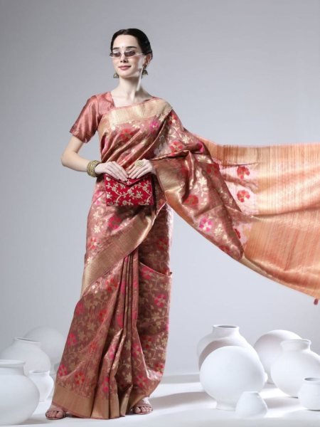 Tussar Silk Jamdani Weaving Saree With Zari Border Silk Sarees Wholesale