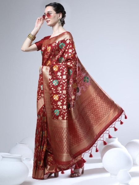 Tussar Silk Jamdani Weaving Saree With Zari Border Silk Sarees Wholesale