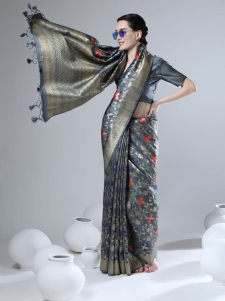 Tussar Silk Jamdani Weaving Saree With Zari Border Silk Sarees Wholesale