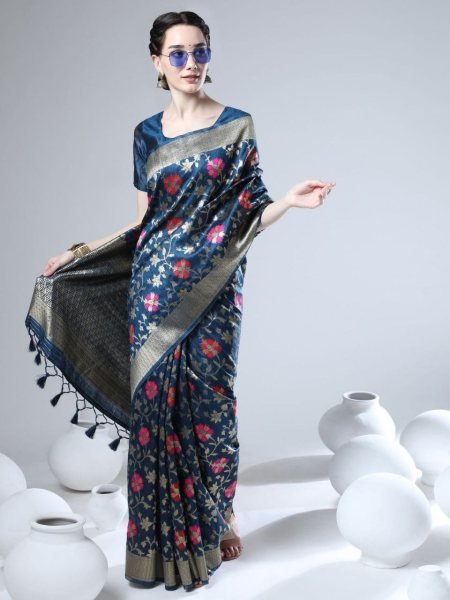 Tussar Silk Jamdani Weaving Saree With Zari Border Silk Sarees Wholesale