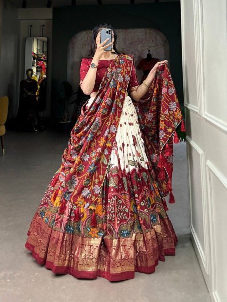 Tussar Silk Lehenga Choli Mill Print with Foil Work Unstitched Blouse Latest Design Navratri Festival Collection  
