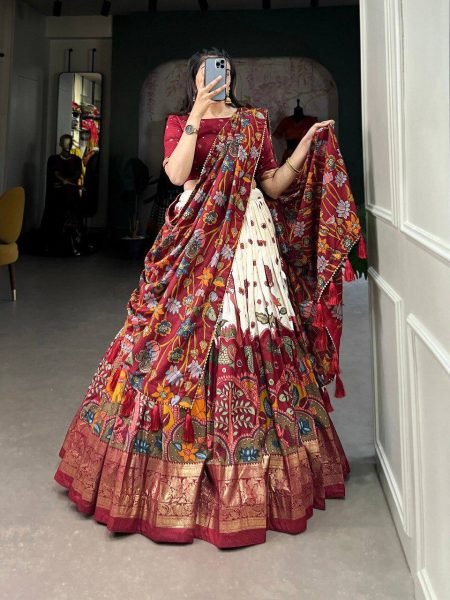 Tussar Silk Lehenga Choli Mill Print with Foil Work Unstitched Blouse Latest Design Navratri Festival Collection  Navratri Lehnega Choli