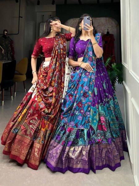 Tussar Silk Lehenga Choli Mill Print with Foil Work Unstitched Blouse Latest Design Navratri Festival Collection  Navratri Lehnega Choli