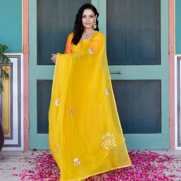 Two Shaded  Silk Gown With Organza Dupatta   Kurti With Dupatta Wholesale