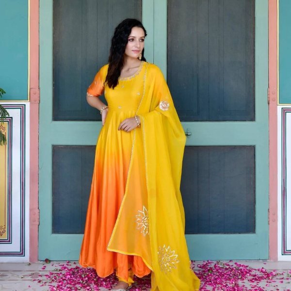 Two Shaded  Silk Gown With Organza Dupatta   Kurti With Dupatta Wholesale