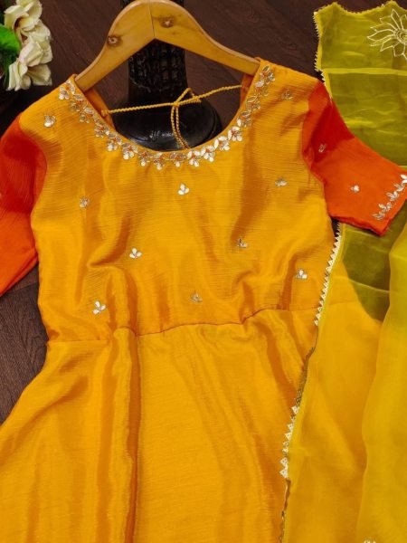 Two Shaded  Silk Gown With Organza Dupatta   Kurti With Dupatta Wholesale