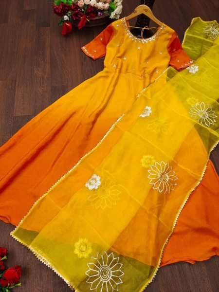 Two Shaded  Silk Gown With Organza Dupatta   Kurti With Dupatta Wholesale