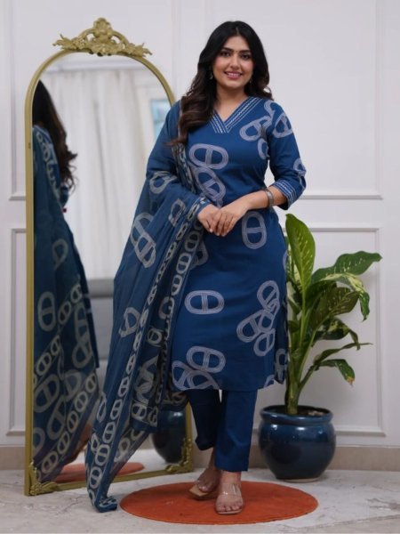 Unique Blue 3 Piece embroidered Chanderi Kurti Pant Dupatta Set for Festival Wear  Straight Cut Long Kurtis