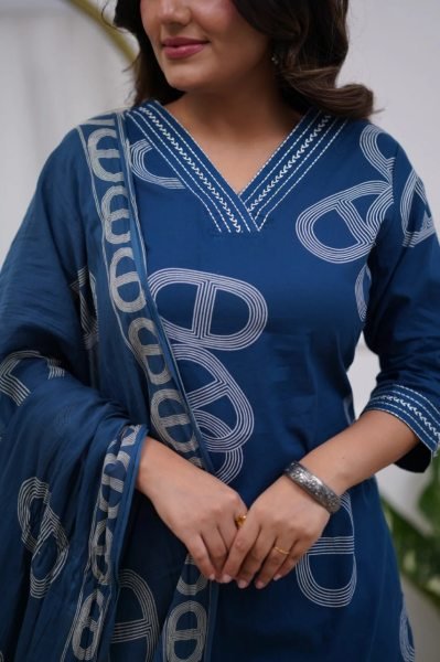 Unique Blue 3 Piece embroidered Chanderi Kurti Pant Dupatta Set for Festival Wear  Straight Cut Long Kurtis