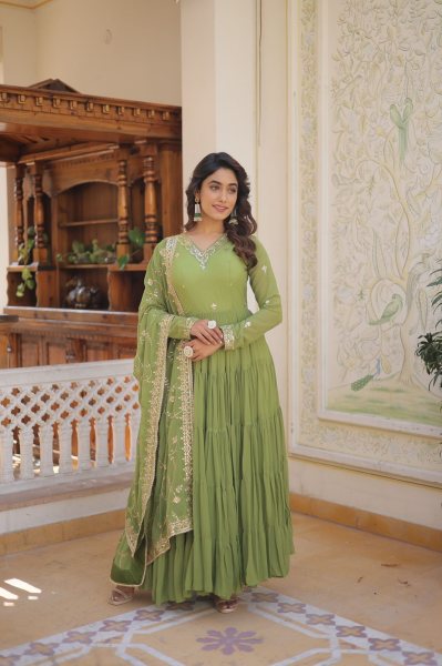 Unique Coloured Faux Georgette with Embroidered work Gown With Dupatta  Anarkali Kurtis 