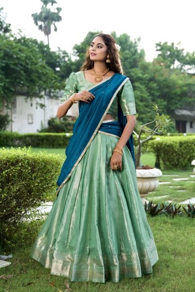 Unique Green Zari Weaving Silk Function Saree Lehenga Choli With Dupatta Set Half Saree Lehenga