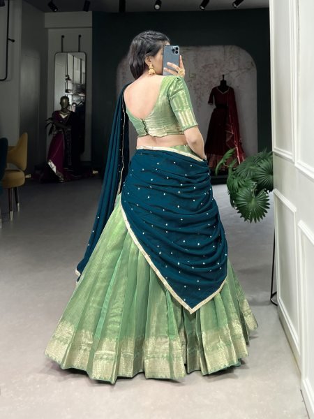 Unique Green Zari Weaving Silk Function Saree Lehenga Choli With Dupatta Set Half Saree Lehenga