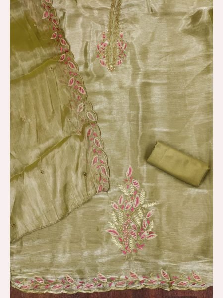 Unique Olive Green Color Barbrik silk Dress Material with Dupatta and Bottom Color Set Matching Dress Material Wholesale