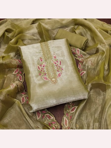 Unique Olive Green Color Barbrik silk Dress Material with Dupatta and Bottom Color Set Matching Dress Material Wholesale