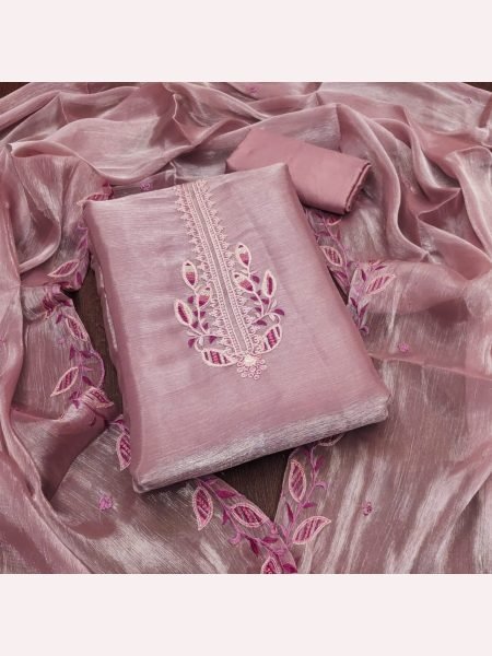 Unique  Pearl Pink Color Barbrik silk Dress Material with Dupatta and Bottom Color Set Matching Dress Material Wholesale