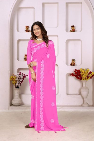 Unique Sartin Ribbon Embroidery Georgette Saree with Flower Work and Latkan Georgette Sarees Wholesale