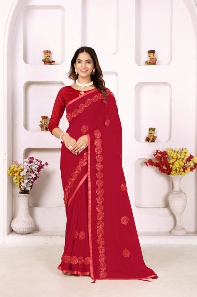 Unique Sartin Ribbon Embroidery Georgette Saree with Flower Work and Latkan Georgette Sarees Wholesale