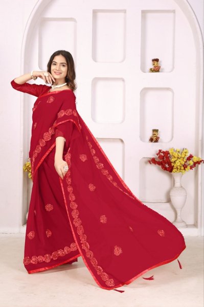 Unique Sartin Ribbon Embroidery Georgette Saree with Flower Work and Latkan Georgette Sarees Wholesale