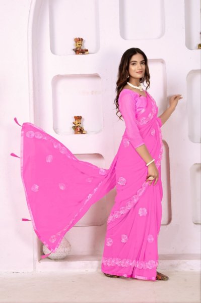 Unique Sartin Ribbon Embroidery Georgette Saree with Flower Work and Latkan Georgette Sarees Wholesale