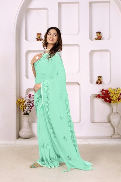 Unique Sartin Ribbon Embroidery Georgette Saree with Flower Work and Latkan Georgette Sarees Wholesale