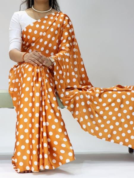 Unmatched Japan Satin Saree with All-Over Dot Print and Mono Banglory Blouse Bollywood Fancy Sarees Wholesale
