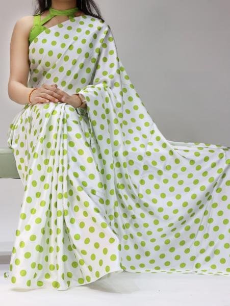 Unmatched Japan Satin Saree with All-Over Dot Print and Mono Banglory Blouse Bollywood Fancy Sarees Wholesale