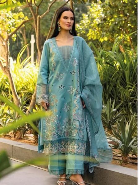 Unstitched Cotton Dress Material Embroidered Top & Net Dupatta 