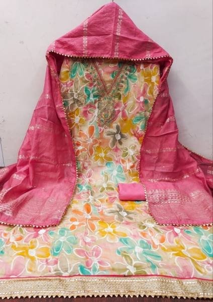 Unstitched PV Chanderi Dress Material with Kodding Sequins Work, Indian Santoon Bottom, and Jacquard Dupatta Color Set Matching Dress Material Wholesale