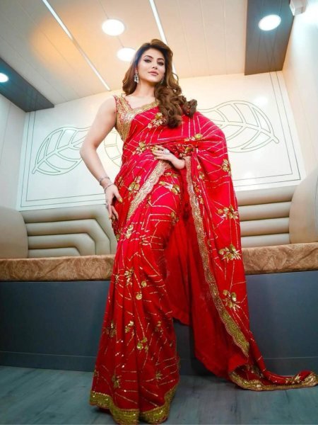 Urvashi Rautela in Glam Red Georgette Saree  Zari  & Sequin Bridal Look Bollywood Fancy Sarees Wholesale