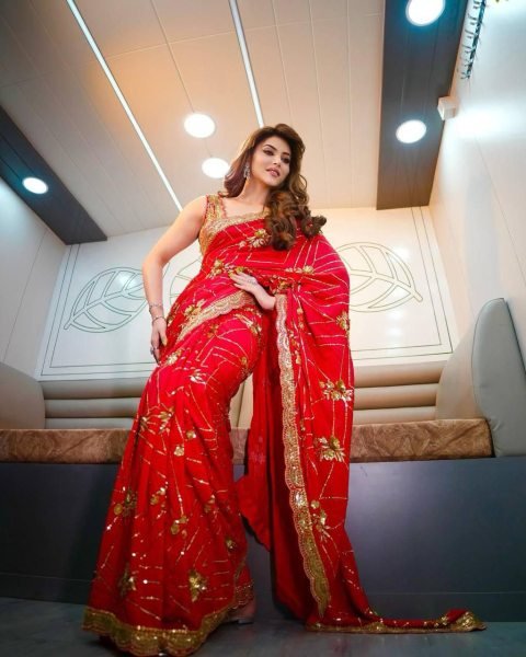 Urvashi Rautela in Glam Red Georgette Saree  Zari  & Sequin Bridal Look Bollywood Fancy Sarees Wholesale
