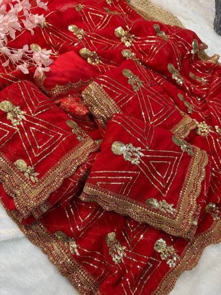 URVASHI     Stunning Red Georgette Saree with Silk Embroidered Blouse Bollywood Fancy Sarees Wholesale