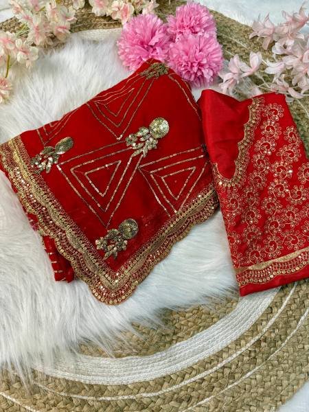 URVASHI     Stunning Red Georgette Saree with Silk Embroidered Blouse Bollywood Fancy Sarees Wholesale