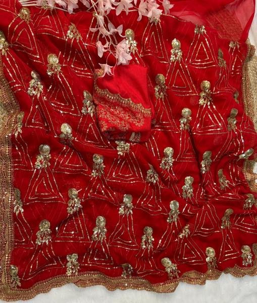 URVASHI     Stunning Red Georgette Saree with Silk Embroidered Blouse Bollywood Fancy Sarees Wholesale