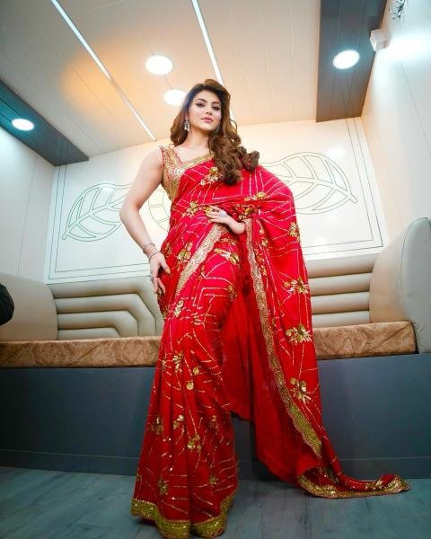 URVASHI     Stunning Red Georgette Saree with Silk Embroidered Blouse Bollywood Fancy Sarees Wholesale