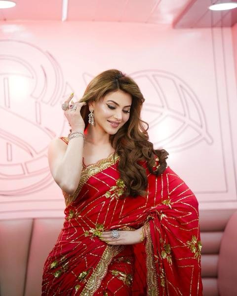 URVASHI     Stunning Red Georgette Saree with Silk Embroidered Blouse Bollywood Fancy Sarees Wholesale