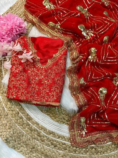 URVASHI     Stunning Red Georgette Saree with Silk Embroidered Blouse Bollywood Fancy Sarees Wholesale